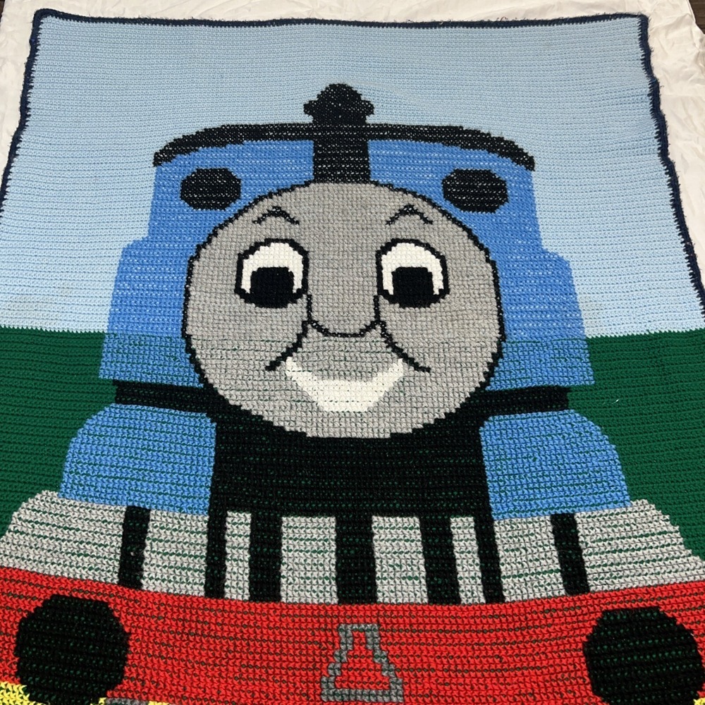 Children's Blue Train Crochet Throw Blanket
